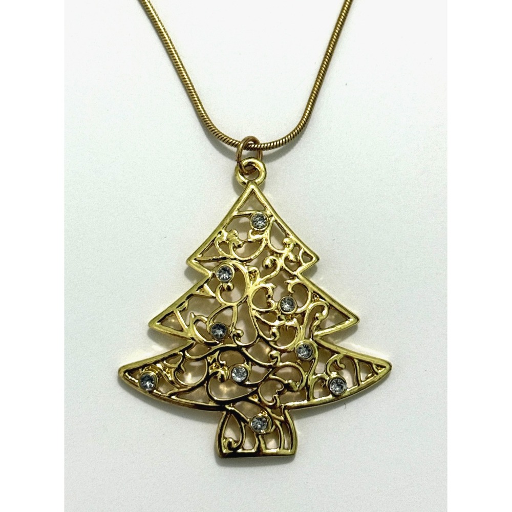 Christmas Tree Gold‎ Tone Rhinestone Pendant Necklace adjustable